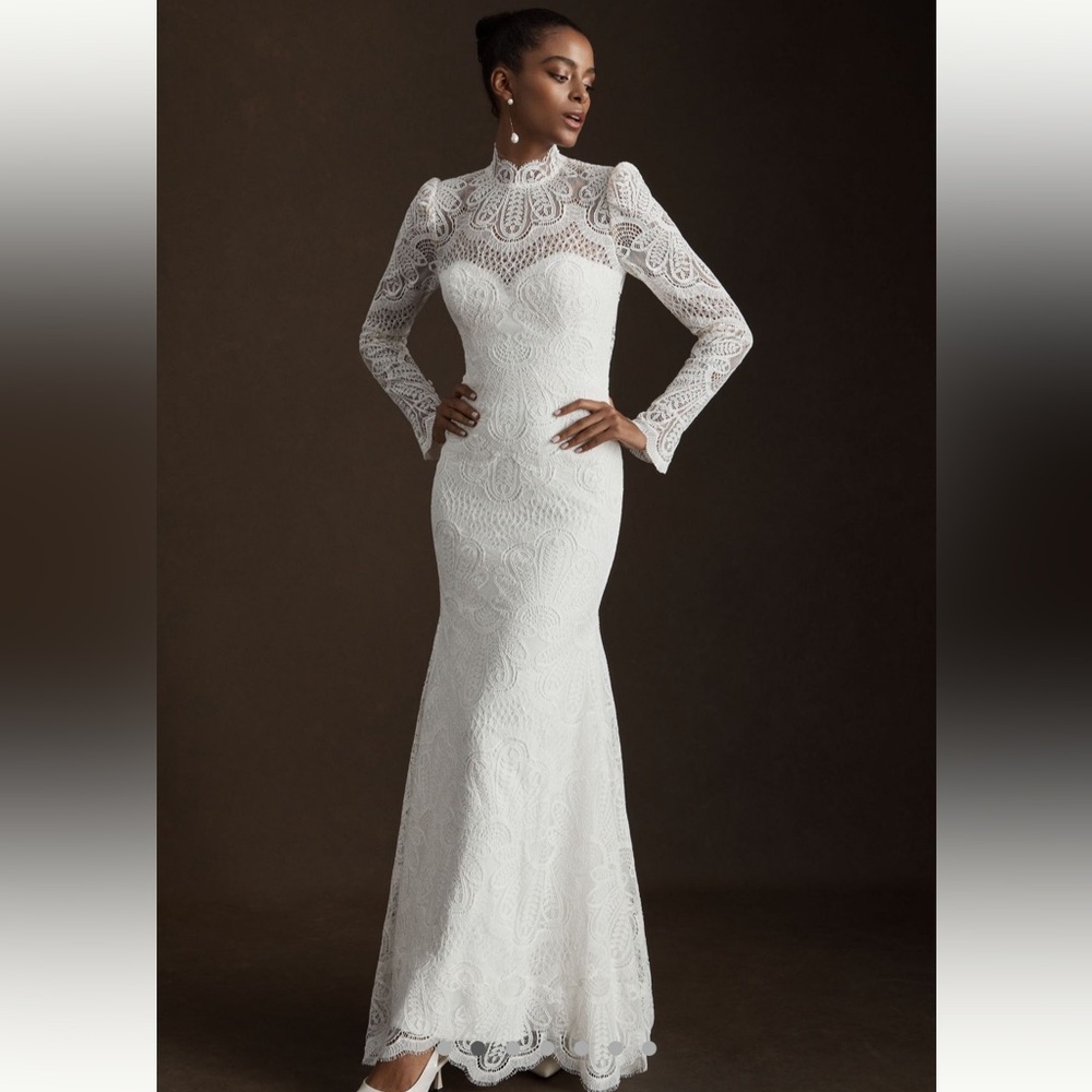 Anthropologie Willowby Orianna Gown Size 14 High Neck Open Back Ivory Lace NWOT